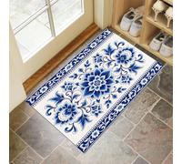 JEDTAKCT Felpudo Entrada Casa 50X80Cm, Alfombra Antideslizante con Insignia Floral Tradicional Frontera Exótica Felpudo Suaves Absorbentes Interior para Perro Cocina Puerta Pasillo, Azul Marino