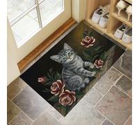 JEDTAKCT Felpudo Entrada Casa, 60X90Cm Alfombra Entrada Antideslizante Gato Lindo Retro, Alfombrilla Fino Elegante Pintura Al Óleo De Rosas Absorbentes Lavable para Entrada, Pasillo, Cocina, Negro