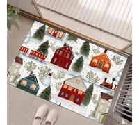 JEDTAKCT Felpudo Pueblo Navideño Alfombra De Entrada Lavable Interior Linda Ilustración Pequeña Alfombra Antideslizante Retro Suave Fina para Cocina Baño Dormitorio 80X120Cm Rojo Verde