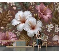 JEDTAKCT Flores Tropicales Vintage Hibisco Exótico 3D Papel Pintado Tapiz Textura De Seda Comedor Marrón Gran Papel Pintado Decoración Dormitorio Sala Estar Tv Fondo Pantalla, 400X280Cm