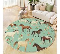 JEDTAKCT Grande Alfombra Salon Redonda 200 Cm, Floral Caballos Verde Salvia Lavable Alfombra Dormitorio, Tema Animal Alfombras Comedor Antideslizante Tapete Sala para Cocina Halls