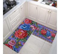JEDTAKCT Juego De 2 Piezas De Alfombras De Cocina Antideslizantes, Pasillo Tapetes Flores Tradicionales 3D Violeta, Alfombrillas Plantas Bohemias Lavables con Base De Silicona, 40X60+40X120Cm