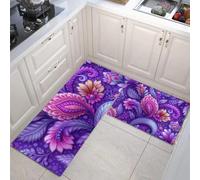 JEDTAKCT Juego De 2 Tapetes De Cocina Estampados Hojas Paisley 3D Plantas Hippies, Resistentes A Las Manchas, Absorbentes Rápido Antideslizantes para Pasillos (Morado Intenso, 43X75+43X150Cm)