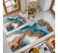 JEDTAKCT Juego De 2 Tapetes De Cocina Estampados Ondas Abstractas 3D Océano Geométrico, Resistentes A Las Manchas, Absorbentes Rápido Antideslizantes para Pasillos (Turquesa, 44X75+44X120Cm)