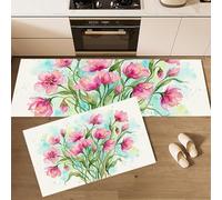 JEDTAKCT Juego De 2 Tapetes De Cocina Ramo De Tulipanes En Acuarela, Antifatiga Tapete De Cocina Antideslizantes Lavables Rosa Verde, Alfombras Plantas del Campo Decoración para Lavandería Pasillo