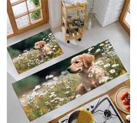 JEDTAKCT Juego De Alfombrillas De Cocina Antideslizantes Lavables Lindo Golden Retriever Absorbentes Y Resistentes A Las Manchas Tapetes Y Tapetes Flores De Primavera (Marrón, 44X75+44X120Cm)
