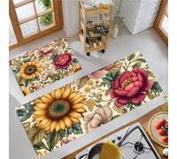 JEDTAKCT Juego De Alfombrillas De Cocina Antideslizantes Lavables Peonía Vintage Absorbentes Y Resistentes A Las Manchas Tapetes Y Tapetes Jardín De Verano (Crema, 40X60+40X120Cm)