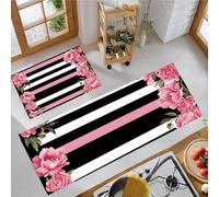 JEDTAKCT Juego De Alfombrillas De Cocina Antideslizantes Lavables Peonía Vintage Absorbentes Y Resistentes A Las Manchas Tapetes Y Tapetes Raya Punk (Blanco Y Negro, 40X60+40X120Cm)
