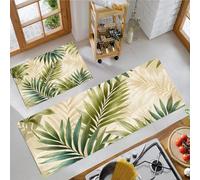 JEDTAKCT Juegos De 2 Alfombras De Cocina Hojas De Palmeras Tropicales, 40X60+40X120Cm Alfombras Lavables Antifatiga, Tapetes Antideslizantes Plantas De Acuarela Beige para Cocina Lavandería Fregadero
