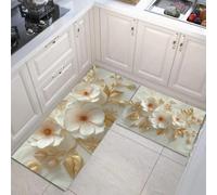 JEDTAKCT Juegos De 2 Alfombras De Cocina Ondas 3D Flores Relieve, 43X75+43X150Cm Alfombras Lavables Antifatiga, Tapetes Antideslizantes Plantas Lujosas Beige para Cocina Lavandería Fregadero