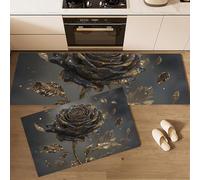 JEDTAKCT Juegos De 2 Alfombras De Cocina Rosa Niebla Lujosa, 43X75+43X150Cm Alfombras Lavables Antifatiga, Tapetes Antideslizantes Planta Misteriosa Negro Oro para Cocina Lavandería Fregadero