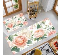 JEDTAKCT Juegos De Alfombras De Cocina Alfombras De Pie Lavables 2 Piezas Rosa Melocotón Alfombra De Piso Antideslizantes De Rosa Acuarela para Entrada, 40X60Cm+40X120Cm, Plantas De Primavera