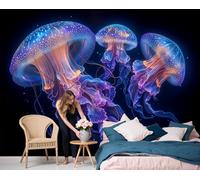 JEDTAKCT Medusas De Ensueño En 3D Animales Fantásticos 3D Papel Pintado Tapiz Textura De Seda Comedor Azul-Púrpura Gran Papel Pintado Decoración Dormitorio Sala Estar Tv Fondo Pantalla, 450X315Cm