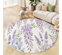 JEDTAKCT Moderno Gran Tamaño Alfombras Ø 100 Cm Salón Antideslizante Moqueta Alfombra Suave Glicinia Acuarela para Dormitorio Flores De Ensueño Beige Morado Lavable Pelo Corto Tapetes