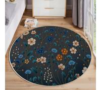 JEDTAKCT Moderno Gran Tamaño Alfombras Ø 180 Cm Salón Antideslizante Moqueta Alfombra Suave Flores Y Plantas De Ensueño para Dormitorio Ilustración De Jardín Negro Lavable Pelo Corto Tapetes