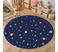 JEDTAKCT Moderno Gran Tamaño Alfombras Ø 80 Cm Salón Antideslizante Moqueta Alfombra Suave Planetas Estrellas Dibujos Animados para Dormitorio Ilustración Azul Marino Lavable Pelo Corto Tapetes