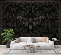 JEDTAKCT Papel Pintado De Tejido No Tejido Polilla Calavera Gótica, 350X256Cm | Fotomurales Flor De Damasco Oscuro Decorativos, Papel Tapiz Fotográfico Gris Carbón Para Dormitorio, Fácil De Instalar
