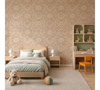 JEDTAKCT Papel Pintado De Tejido No Tejido Relieve Floral Barroco, 450X315Cm | Fotomurales Plantas De Damasco En 3D Decorativos, Papel Tapiz Fotográfico Beige Para Dormitorio, Fácil De Instalar