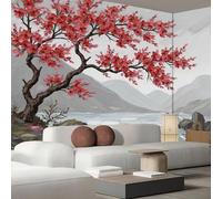 JEDTAKCT Papel Pintado Panorámico Flores De Ciruelo Pintadas A Mano Montañas Gris, Fotomural Moderna 3D 300X210Cm（An X Al）, Papel Pintado Decoración Hogar Paisaje Chino Para Salón Dormitorio Oficina