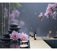 JEDTAKCT Papel Pintado Panorámico Flores De Loto Gotas De Lluvia Lago Gris, Fotomural Moderna 3D 400X280Cm（An X Al）, Papel Pintado Decoración Hogar Paisaje Zen Para Salón Dormitorio Oficina