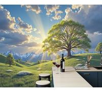 JEDTAKCT Papel Pintado Panorámico Primavera Árboles Pradera Verde Salvia, Fotomural Moderna 3D 250X175Cm（An X Al）, Papel Pintado Decoración Hogar Paisaje Natural Para Salón Dormitorio Oficina