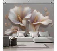 JEDTAKCT Papel Pintado Panorámico Relieve De Lirio De Cala 3D Beige, Fotomural Moderna 3D 350X256Cm（An X Al）, Papel Pintado Decoración Hogar Planta Elegante Para Salón Dormitorio Oficina