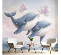 JEDTAKCT Papel Pintado Pared Panorámico Ballena Globo Seda, 350X256Cm, Animal Lindo Azul Marino, Póster Gigante De Pared Personalizado 3D Para Salón Dormitorio Fotomurales Decoración