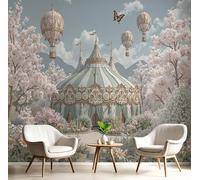 JEDTAKCT Papel Pintado Pared Panorámico Circo De Ensueño Seda, 200X140Cm, Globo Aerostático Floral Verde Pastel, Póster Gigante De Pared Personalizado 3D Para Salón Dormitorio Fotomurales Decoración