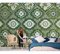 JEDTAKCT Patchwork Damasco Vintage Nórdico Más 3D Papel Pintado Tapiz Textura De Seda Comedor Verde Esmeralda Gran Papel Pintado Decoración Dormitorio Sala Estar Tv Fondo Pantalla, 400X280Cm