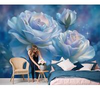 JEDTAKCT Pintura Al Óleo De Rosa De Ensueño Plantas Románticas 3D Papel Pintado Tapiz Textura De Seda Comedor Azul Gran Papel Pintado Decoración Dormitorio Sala Estar Tv Fondo Pantalla, 350X256Cm