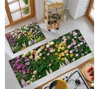 JEDTAKCT Rosa De Primavera Juegos De Alfombras De Cocina Jardín Nórdico 2 Piezas Antideslizante Alfombra De Cocina Verde Oscuro Cómoda Absorbente Lavable Alfombrillas, 44X75+44X120Cm