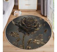 JEDTAKCT Rosa Niebla Lujosa Alfombra Redonda 60 Cm Planta Misteriosa Antideslizante Lavable Alfombra Redonda, Pelo Corto Suave para Dormitorio Habitación Infantil Cocina Alfombras, Negro Oro