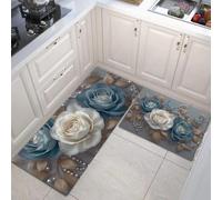 JEDTAKCT Rosas Perladas 3D Hojas Juego De Alfombras De Cocina De 2 Piezas, Juego De Alfombras De Plantas Lujosas, Azul Blanco Antideslizantes Lavables Tapetes De Cocina para Interior, 44X75+44X120Cm