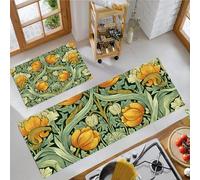 JEDTAKCT Tulipanes Vintage Juego De Alfombrillas De Cocina Antideslizantes Y Duraderas, Verde Oliva 2 Piezas Lavables para Cocina Lavandería Dormitorio, Plantas Pintadas A Mano, 40X60+40X120Cm