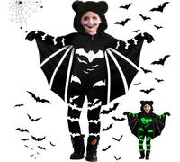 JEDWKFA Disfraz Murciélago Niños, Disfraz Murcielago Niño Que Brillan en la Oscuridad, Disfrazs Halloween Niño con Guantes, para Halloween Carnavales Fiestas Temáticas Cosplay, 140cm