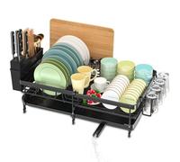 JEDWKFA Escurreplatos, Alta Capacidad Escurridor de Platos con Drenaje Automático, Escurreplatos de Acero Inoxidable con Soporte para Utensilios, Portavasos, Tabla de Cortar y Alfombrilla Extra Seca