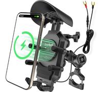 Jeebel Soporte de Teléfono para Moto, Porta Móvil de Motocicleta con Cargador Inalámbrico Qi 15W & USB-C QC 3.0 30W, IP67, Visera Solar, Giro 360°, Compatible con iPhone/Android/GPS/Cámara de Acción