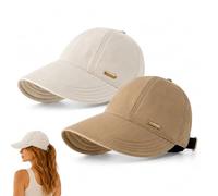 Jeeeun 2 Pack Wide Brim Sun Visors for Women - Adjustable Ponytail Hats (White + Khaki)
