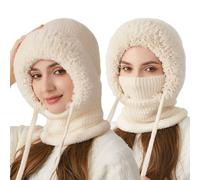 Jeeeun 3 in 1 Beanie Hat with Scarf and Mask for Women, Windproof Knitted Balaclava for Skiing, Hiking, and Cold Weather (Beige)