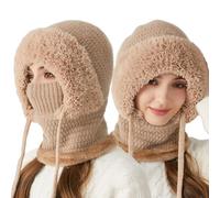 Jeeeun 3 in 1 Beanie Hat with Scarf and Mask for Women, Windproof Knitted Balaclava for Skiing, Hiking, and Cold Weather (Khaki)