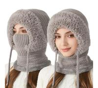 Jeeeun 3 in 1 Beanie Hat with Scarf and Mask for Women, Windproof Knitted Balaclava for Skiing, Hiking, and Cold Weather (Gray)