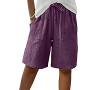 Jeeeun Bermuda Shorts for Women, Knee Length High Waisted Cotton Linen Summer Casual with Pockets Elastic Waist Easy to Wear (Purple,S)