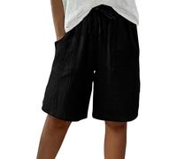 Jeeeun Bermuda Shorts for Women Knee Length, Summer High Waisted Bermuda Shorts Casual Cotton Linen with Pockets (Black,XXL)