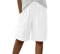 Jeeeun Bermuda Shorts for Women Knee Length, Summer High Waisted Bermuda Shorts Casual Cotton Linen with Pockets (White,XXL)