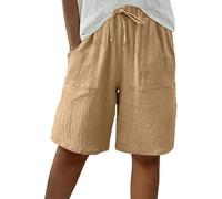 Jeeeun Bermuda Shorts for Women Knee Length, Summer High Waisted Bermuda Shorts Casual Cotton Linen with Pockets (Khaki,3XL)