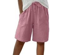 Jeeeun Bermuda Shorts for Women Knee Length, Summer High Waisted Bermuda Shorts Casual Cotton Linen with Pockets (Pink,L)