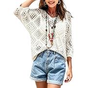 Jeeeun Bohemian Crochet Tops for Women Hollow Out Knit Cover Up V Neck Loose Fit for Beach Vacation Summer Wear (White,s)