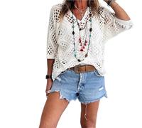 Jeeeun Bohemian Crochet Tops for Women V-Neck Loose Hollow out Summer Beach Cover Up Casual Knit Blouse (White,L)
