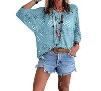 Jeeeun Bohemian Crochet Tops for Women V-Neck Loose Hollow out Summer Beach Cover Up Casual Knit Blouse (Light Blue,XXL)