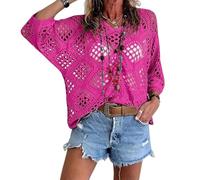 Jeeeun Bohemian Crochet Tops for Women V-Neck Loose Hollow out Summer Beach Cover Up Casual Knit Blouse (Rose Red,XXL)